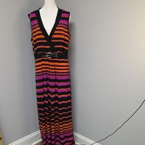 Orange and Pink Sleeveless V-Neck Maxi Sundress